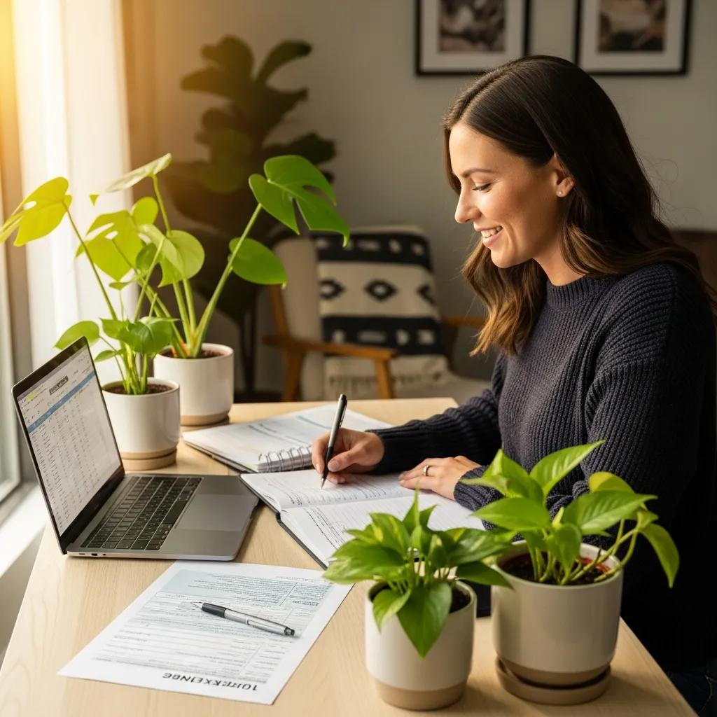 Real estate professional managing 1031 exchange bookkeeping at a cozy desk
