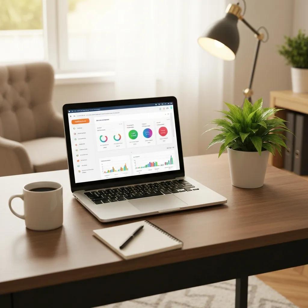 Cozy workspace with laptop and financial management tools, symbolizing bookkeeping success