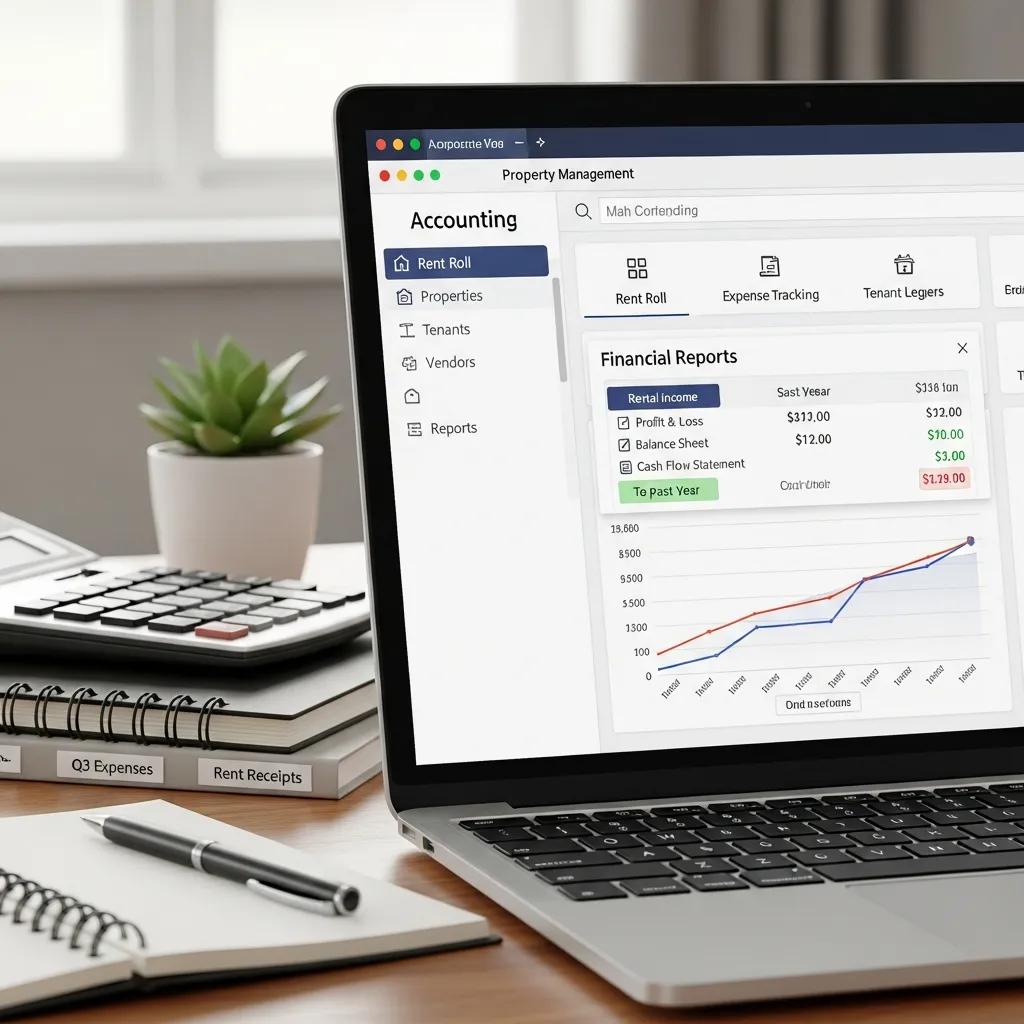 Close-up of property management software interface showing accounting features