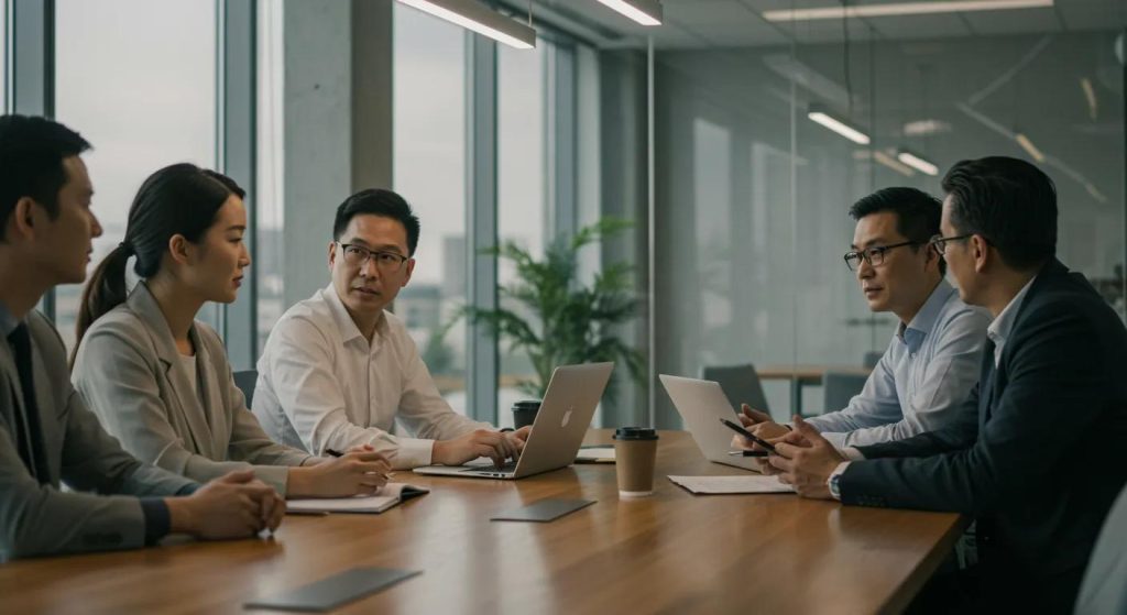A team actively discussing payroll solutions in a contemporary office setting