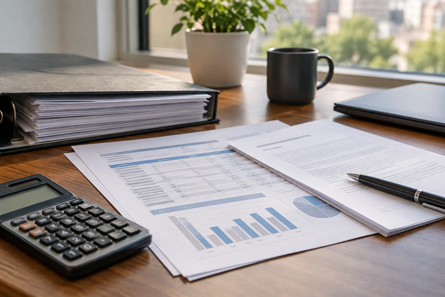 Close-up of a common area maintenance expense ledger, calculator, and lease documents on an office desk