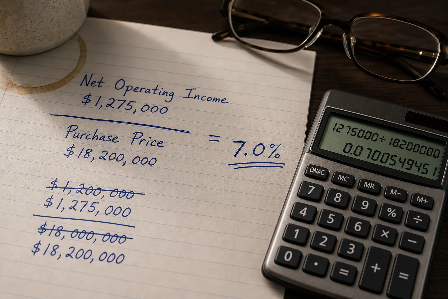 Close-up of a handwritten cap rate worksheet showing net operating income divided by purchase price with figures written in blue ink beside a calculator and reading glasses, no people visible