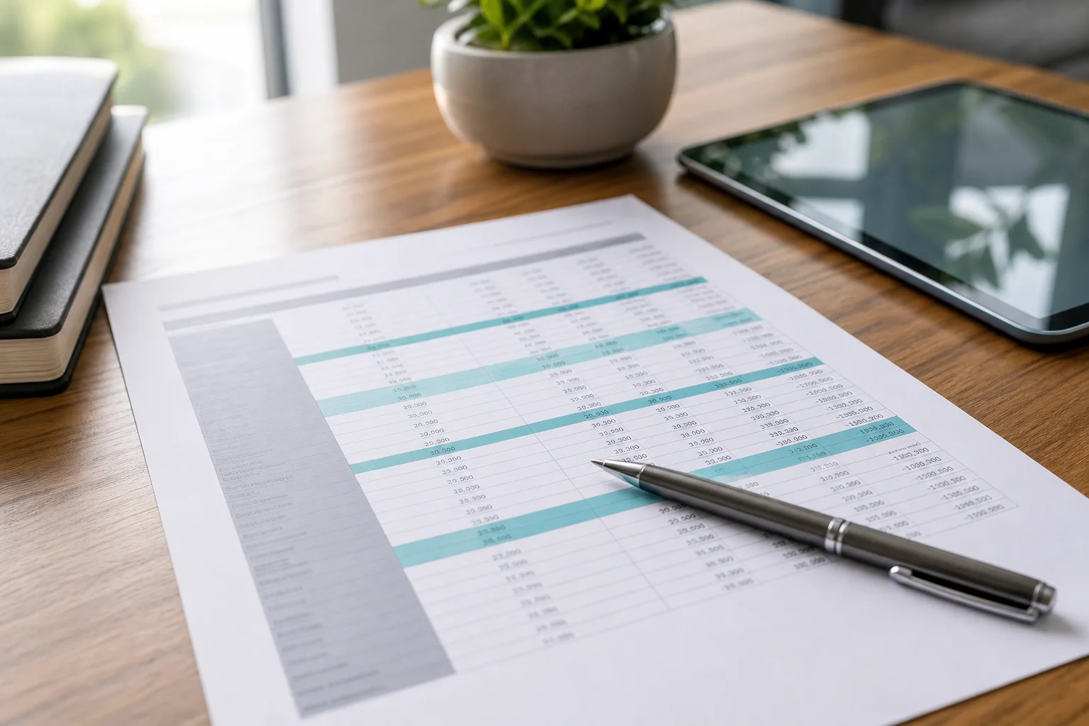 Close-up of a printed real estate portfolio cash flow forecast report showing AI-generated performance metrics and variance flags on a polished desk