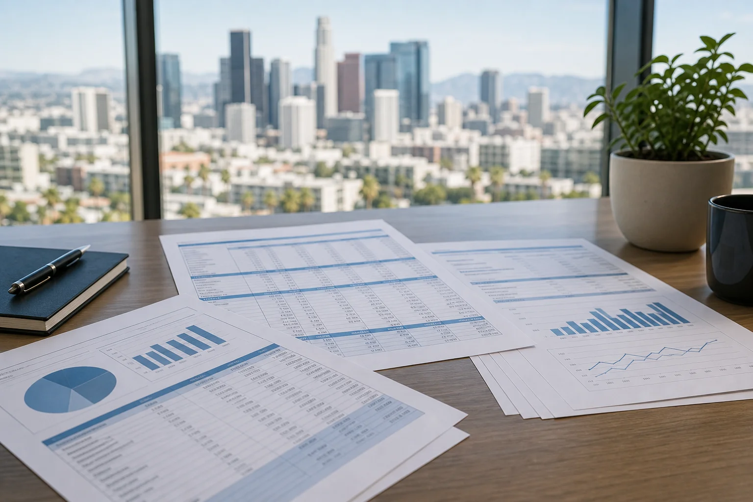 Commercial real estate financial documents including CAM reconciliation reports, lease abstracts, and property income statements on a modern desk with a Los Angeles cityscape visible through the window