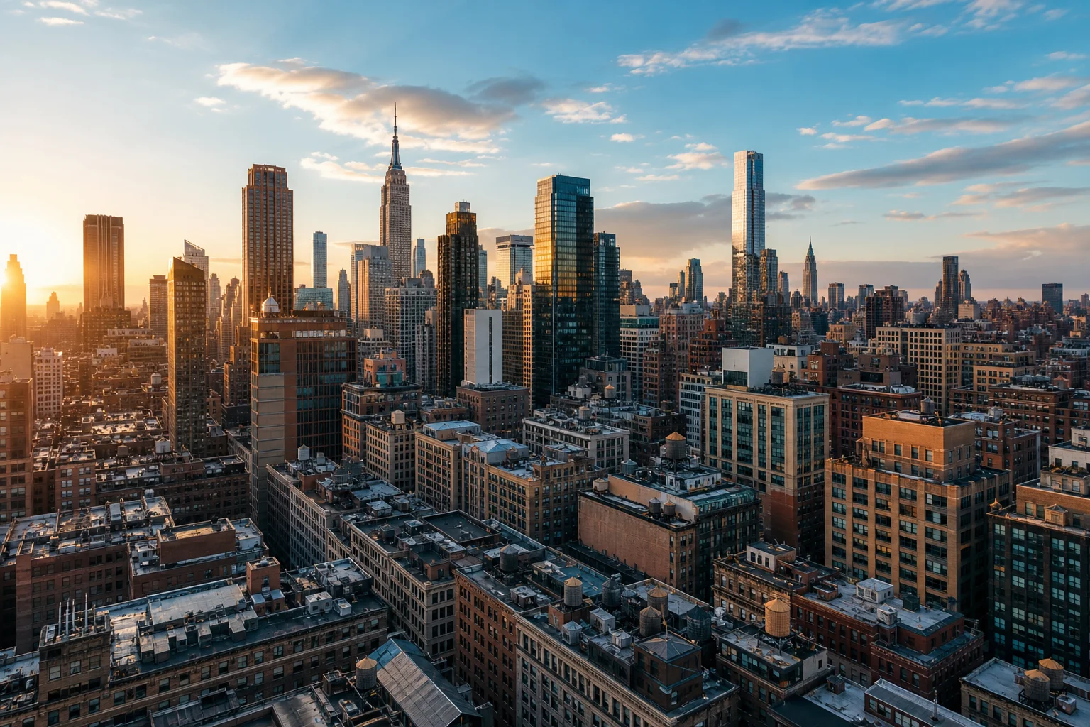 Aerial view of Manhattan commercial office towers and mixed-use buildings representing commercial real estate accounting in New York City