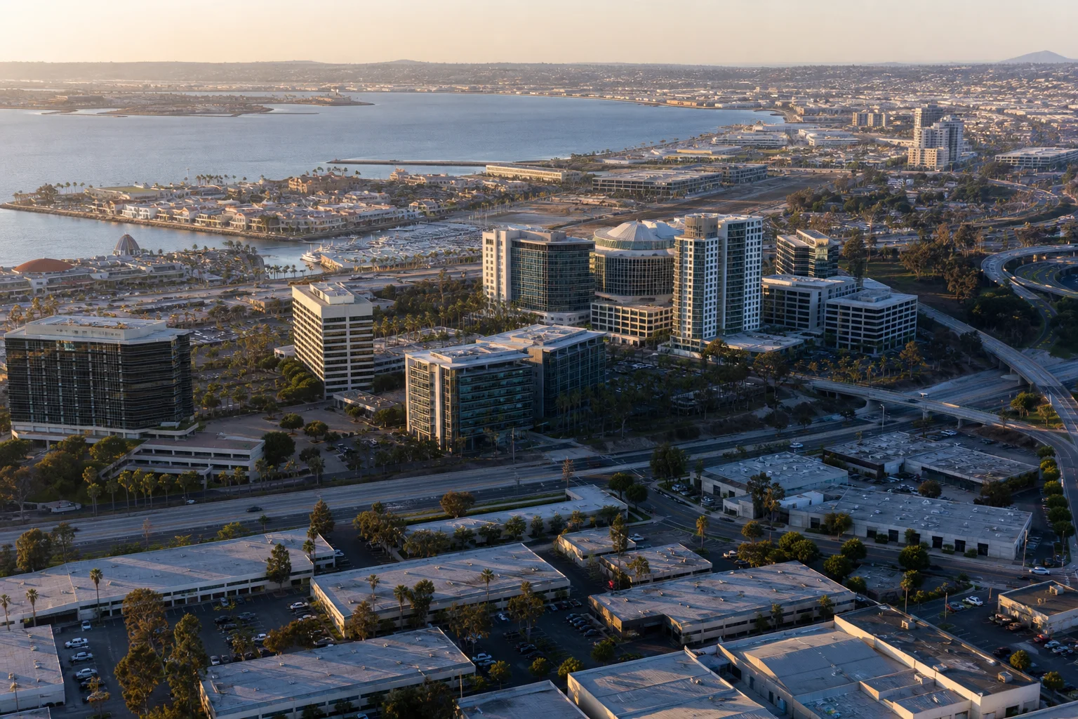 Aerial view of San Diego office, retail, and industrial buildings representing commercial real estate accounting in San Diego