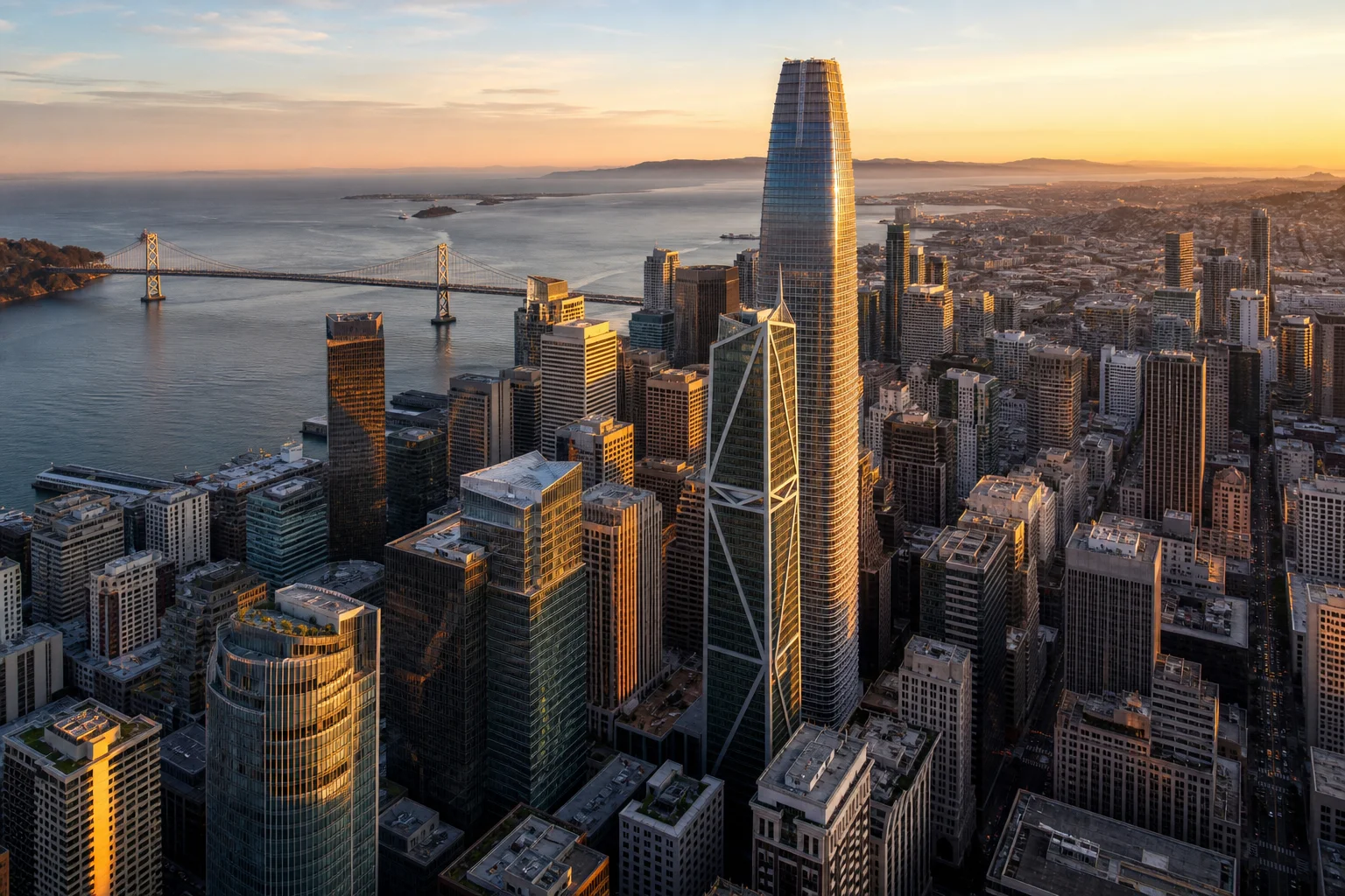 Aerial view of downtown San Francisco commercial office towers representing commercial real estate accounting in San Francisco