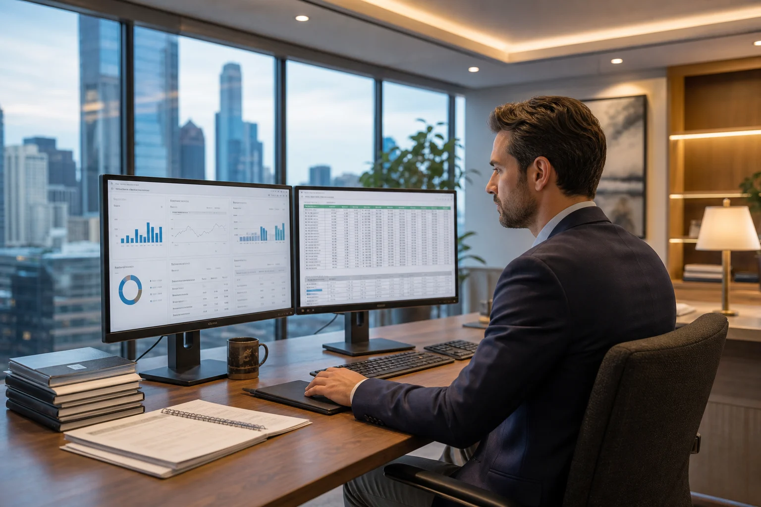 Professional accountant reviewing real estate project accounting reports on dual monitors in a modern office, illustrating the complete guide to real estate project accounting