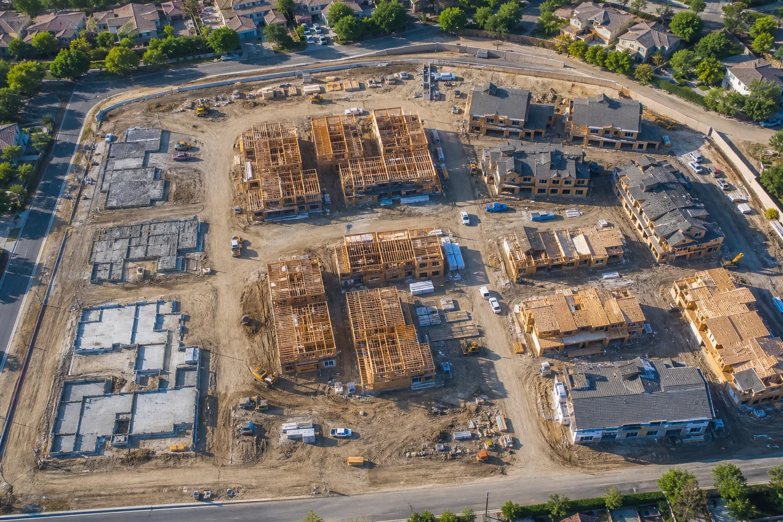 Aerial drone photograph of a multi-phase residential construction site showing buildings at different stages of completion, with foundations, framing, and finished structures visible