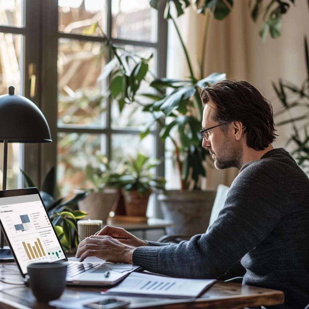 Property owner reviewing Appfolio financial reports in a stylish home office