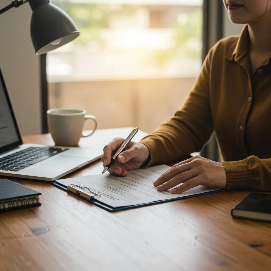 Property manager reviewing lease documents in a cozy office setting