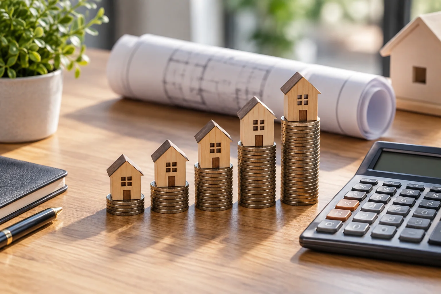 Miniature wooden houses arranged on an ascending stack of coins beside a blueprint and calculator, symbolizing HOA reserve fund growth