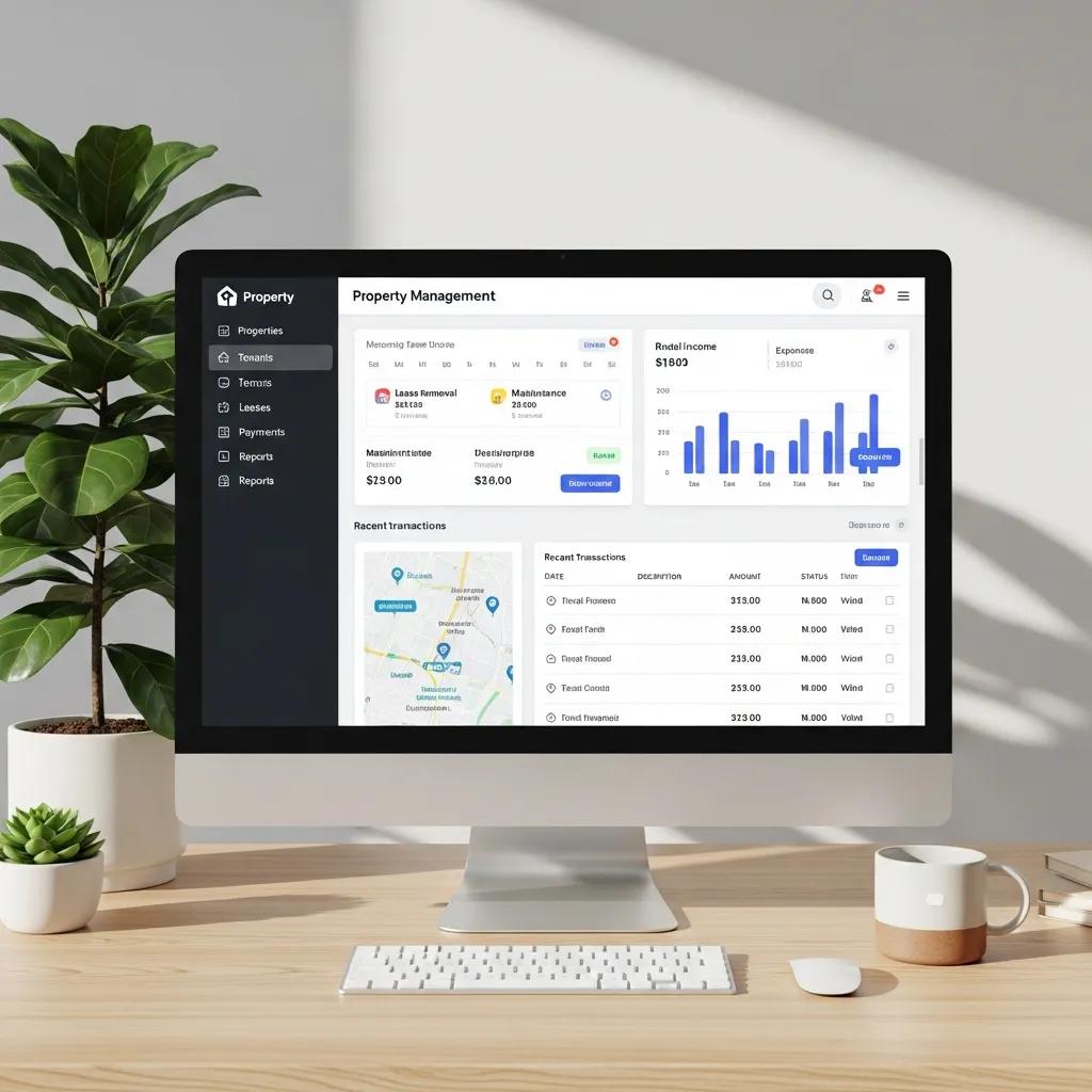Computer screen showing property management software interface in a modern workspace