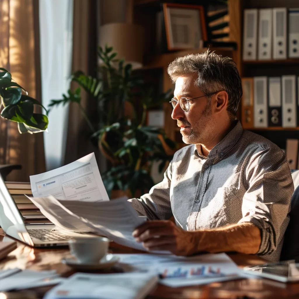 Real estate investor at a desk with tax documents and laptop, showcasing tax filing assistance