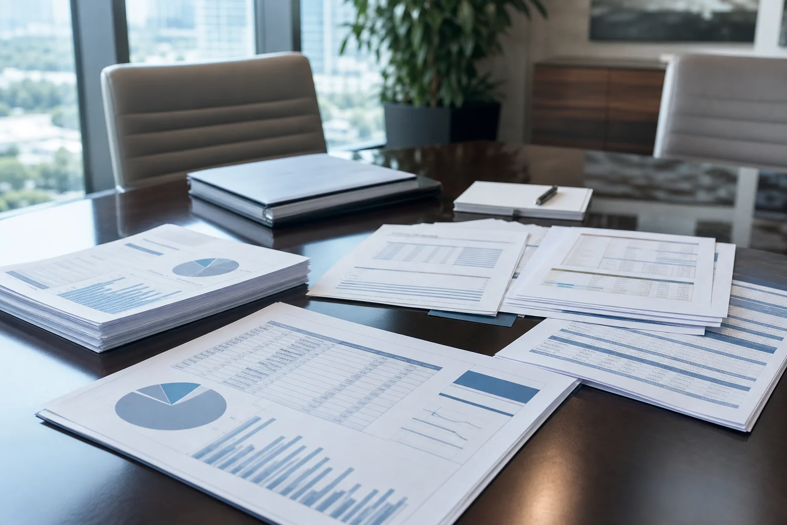 Close-up of professionally organized real estate financial reporting documents and accounting records spread across a conference table with soft natural light