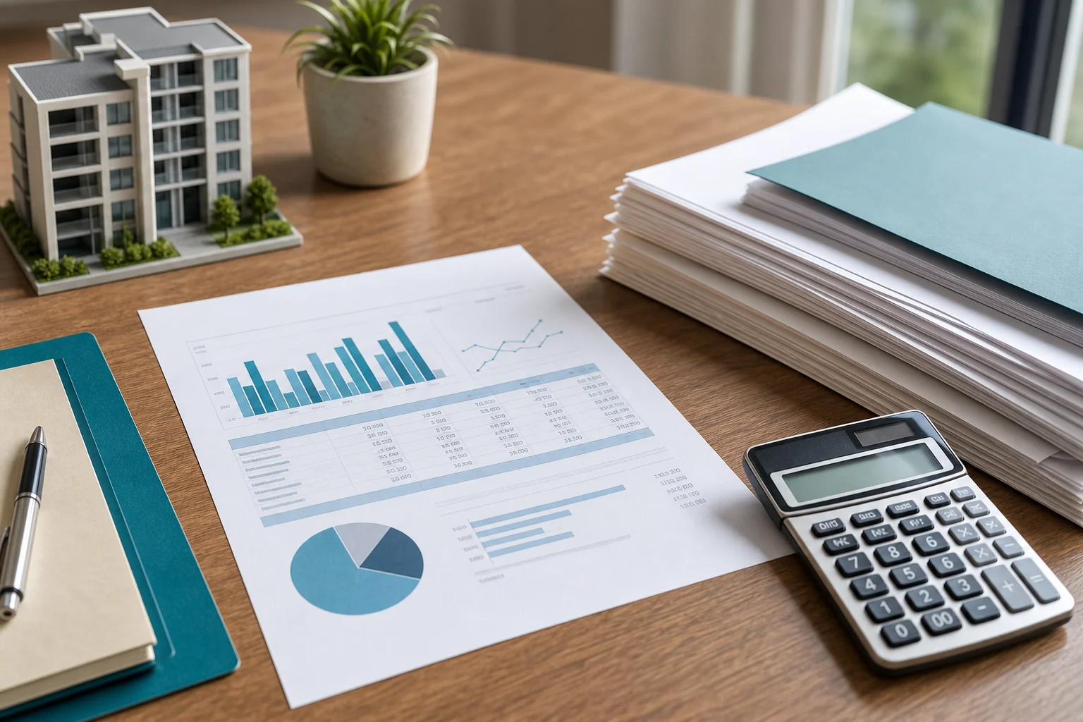 Close-up of a property management financial report and lease documents on a desk representing outsourced accounting services
