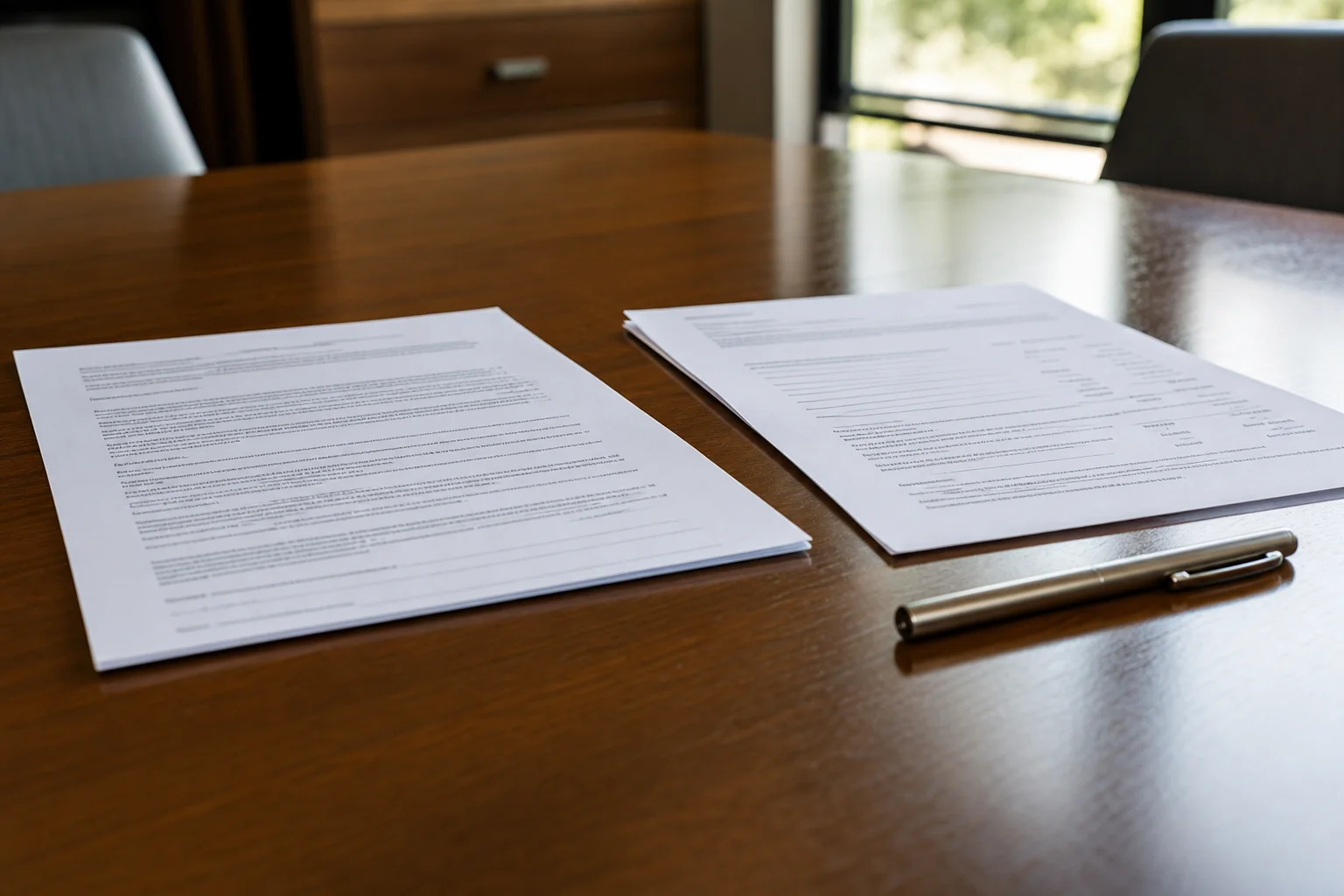 Close-up of a property management lease agreement and fee schedule documents on a conference table