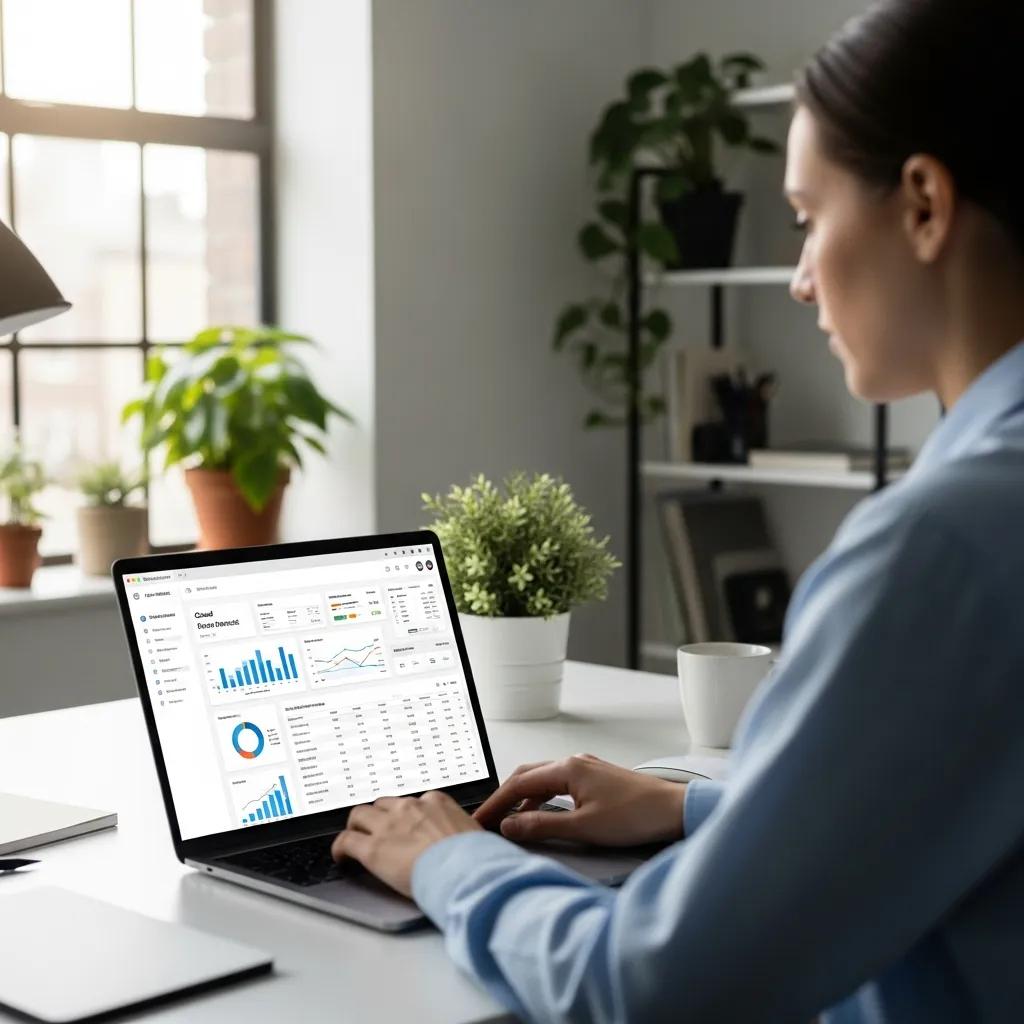 Person using cloud-based financial software on a laptop in a modern office