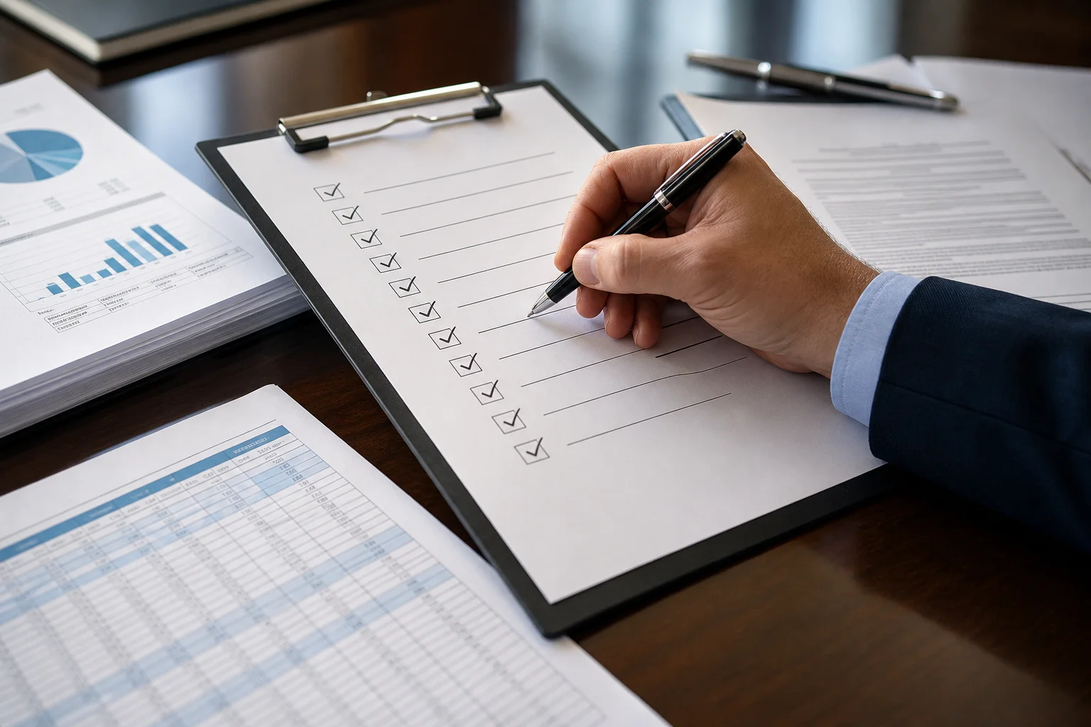 Commercial real estate accountants reviewing financial due diligence documents alongside property management software dashboards on dual monitors in a modern professional office