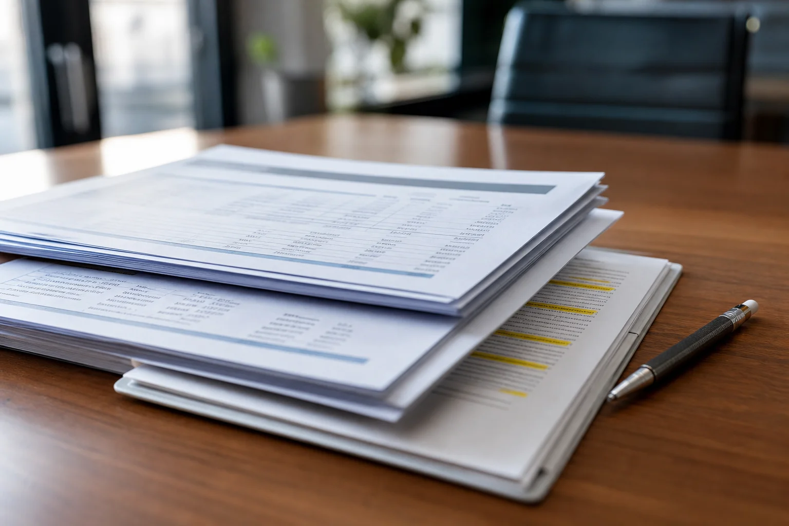 Close-up of organized real estate financial documents including vendor invoices and bank reconciliation reports on a professional desk