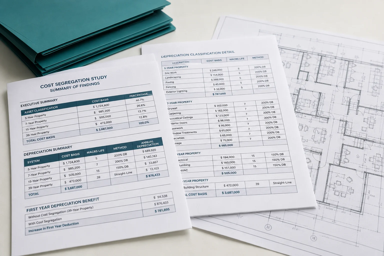 Cost segregation study worksheets and a commercial property floor plan showing component classification schedules, photorealistic document close-up