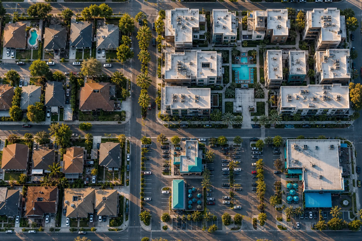 Aerial view of a real estate portfolio with apartment complexes and commercial properties representing real estate investor tax planning for Q3 2026