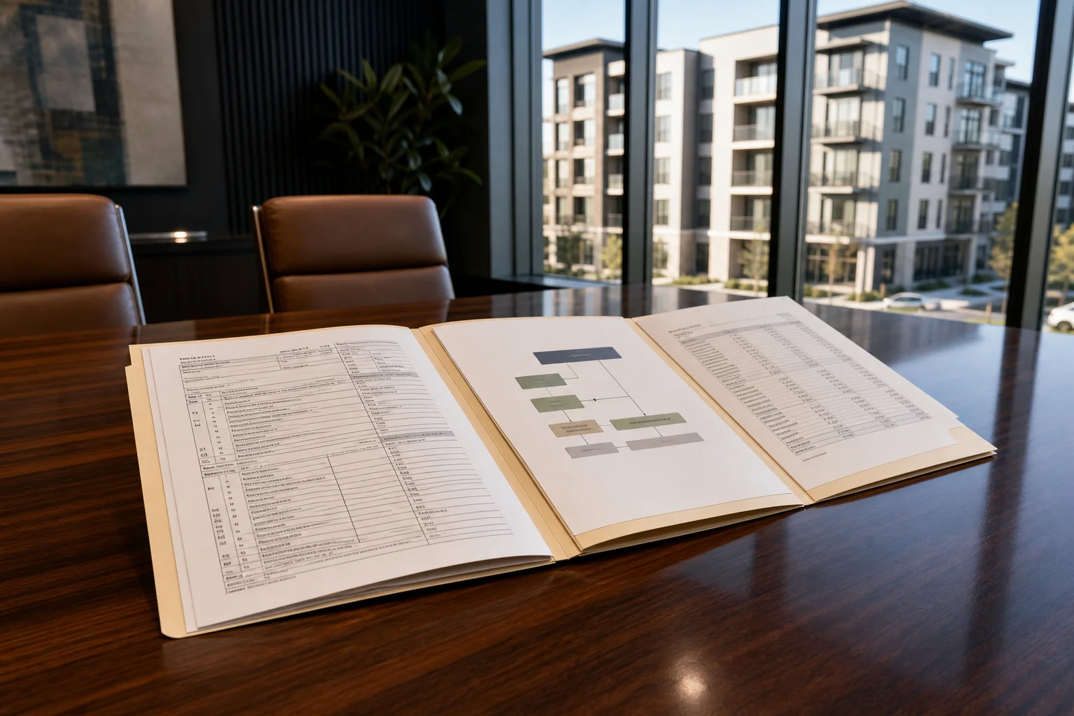Real estate syndication accounting documents including K-1 forms and distribution waterfall charts with an apartment building in the background