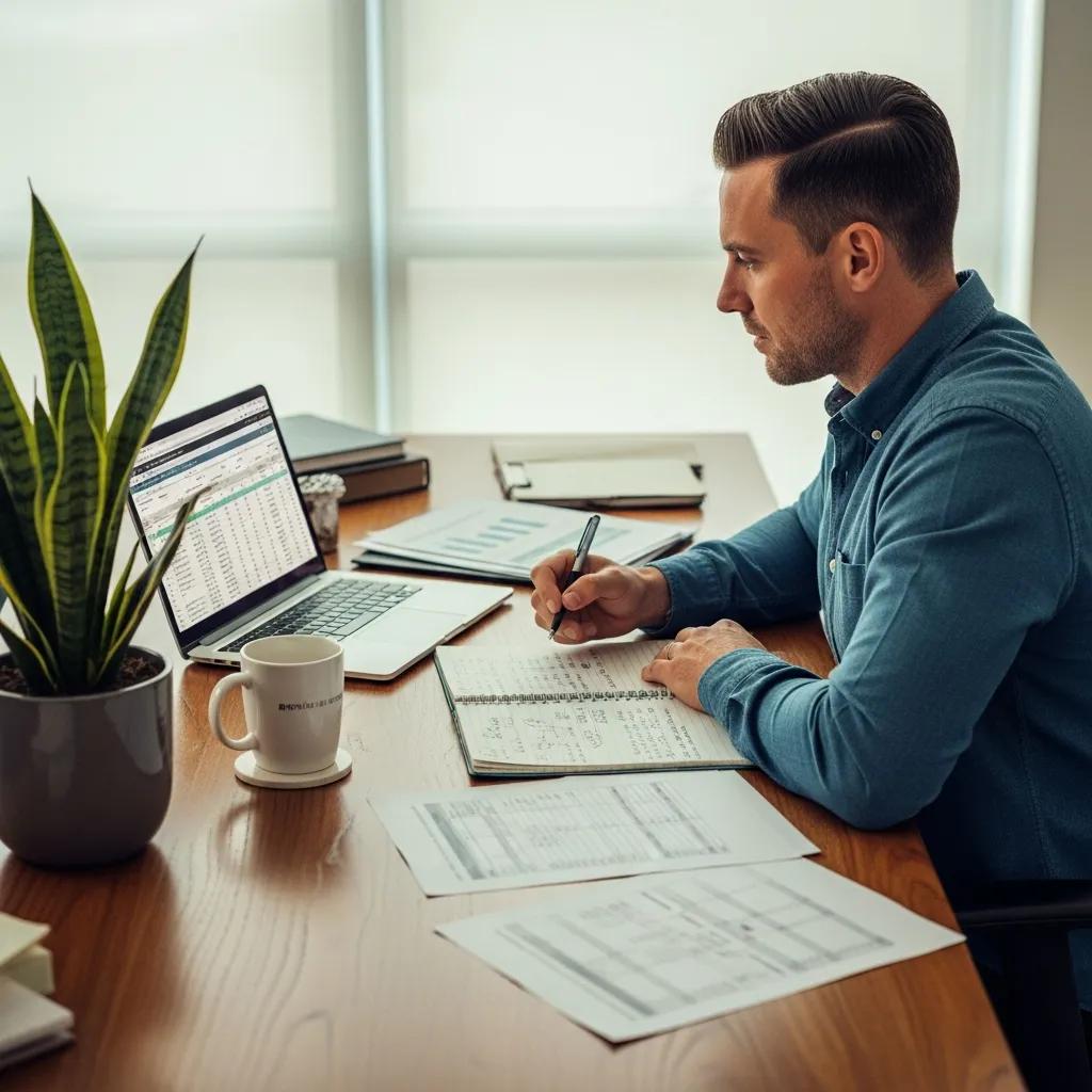 Real estate investor planning tax strategies in a stylish home office