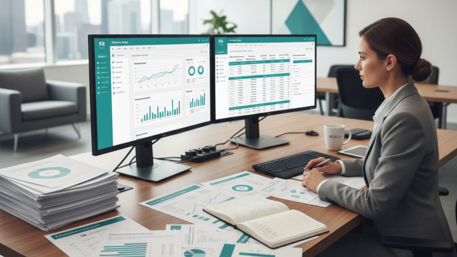 Property management executive comparing RealPage versus Yardi accounting platforms on dual monitors