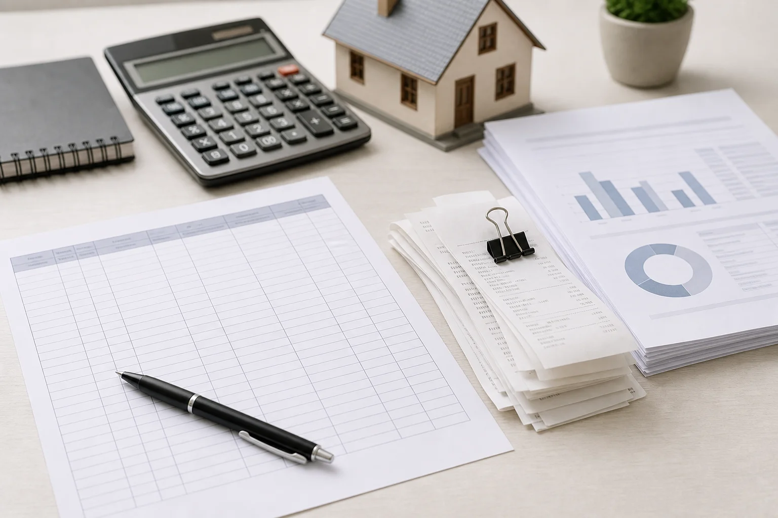 Close-up of organized rental property financial documents including a rent ledger and printed expense receipts on a clean surface