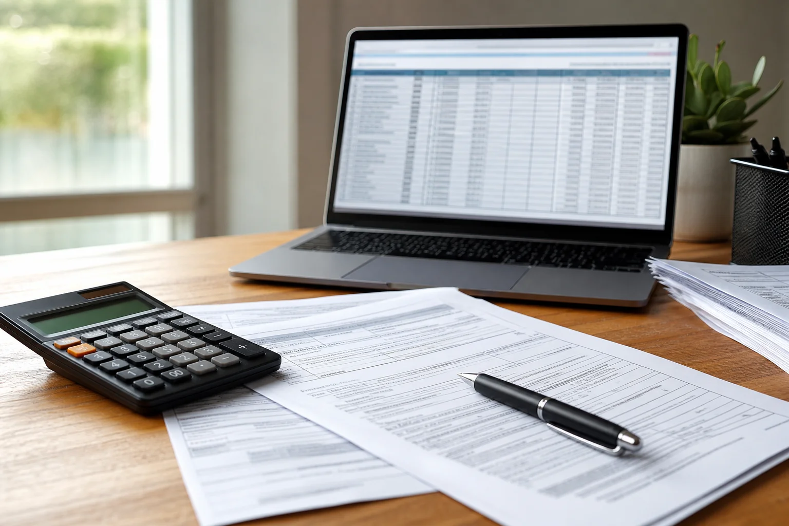 Close-up of tax documents, a laptop spreadsheet, and a calculator representing calculations for the section 199a deduction for rental property owners