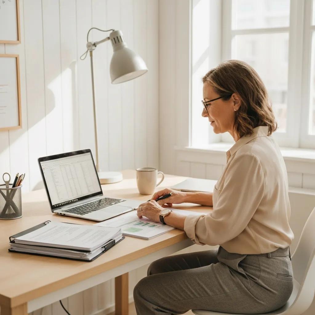 Cozy workspace with laptop and financial documents representing real estate bookkeeping services