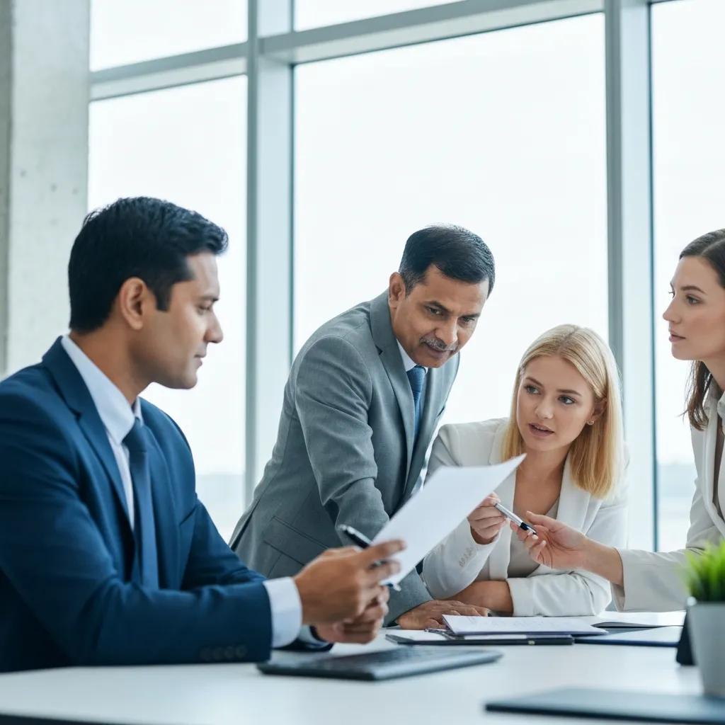 Team collaborating on financial reports, outsourced bookkeeping accuracy and compliance